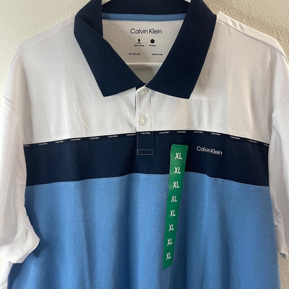 NWT Calvin Klein Mens Polo Shirt XL White & Blue Quick Dry Moisture-Wicking - Picture 3 of 12